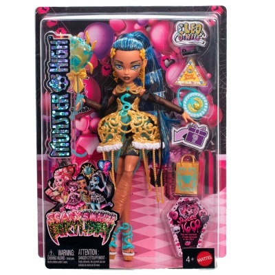 Boneca Monster High Leo De Nile em embalagem com fundo de balões cor-de-rosa