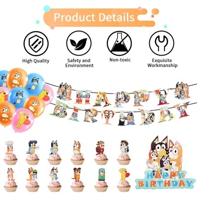 Conjunto de aniversário com balões coloridos, cupcake toppers de personagens e faixa HAPPY BIRTHDAY