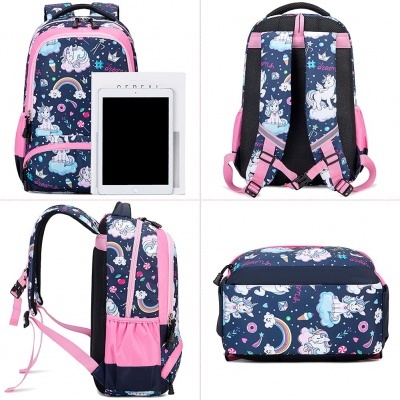 Mochila azul com unicórnios e detalhes rosa vista de quatro ângulos