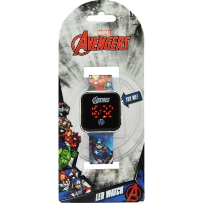 Relógio LED Marvel Avengers com bracelete azul e personagens, embalagem cinza