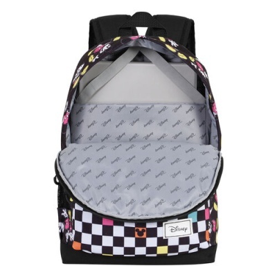 mochila Disney com padrão quadriculado colorido e interior cinzento
