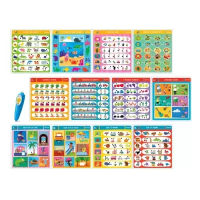 Conjunto educativo infantil com cartões e caneta eletrónica azul com pinguim