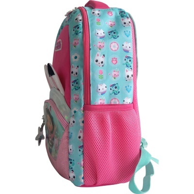 Mochila infantil rosa e azul com estampados de animais e bolsos laterais