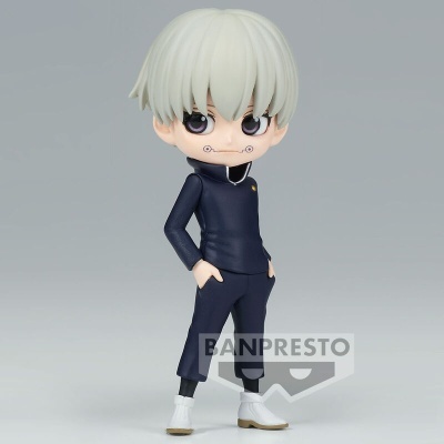 Figura anime com cabelo branco e roupa azul escura sobre fundo cinza