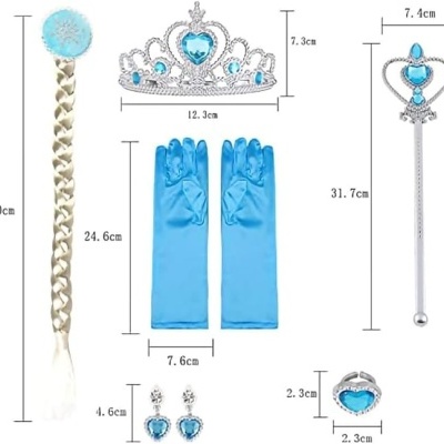 Conjunto de acessórios de princesa azul e prateado com trança, tiara, luvas, cetro, brincos e anel