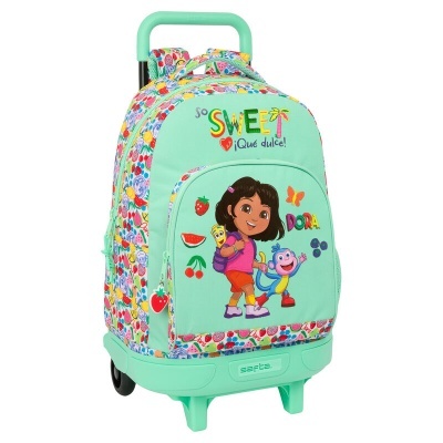 Mochila de carrinho verde menta com desenhos de Dora e padrão de frutas coloridas