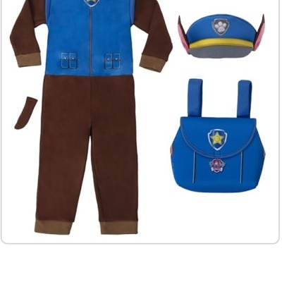 Fato de fantasia infantil azul e castanho com chapéu e mochila