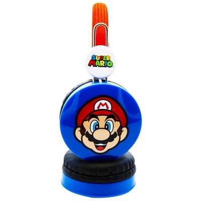 Auriculares azuis com imagem do Super Mario e diadema laranja