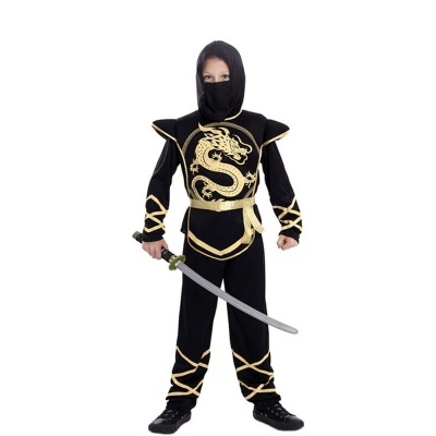 Fato ninja infantil preto e dourado com espada.