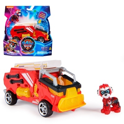 Brinquedo de veículo vermelho com figura de cão vermelho e embalagem com o texto PAW PATROL MARSHALL