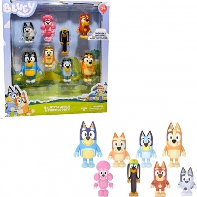 Conjunto de figuras Bluey com 9 personagens coloridas em caixa