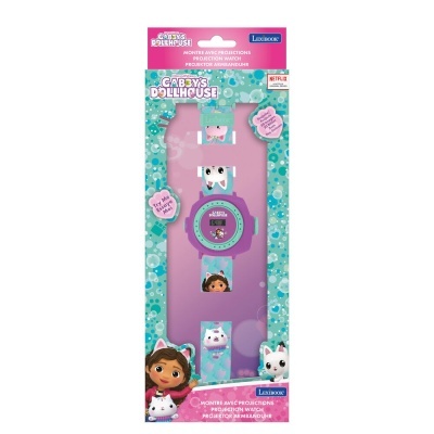 Relógio infantil Gabby's Dollhouse roxo e azul com personagens