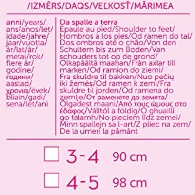 Etiqueta de tamanhos e medidas para crianças em múltiplos idiomas