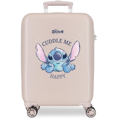 Mala de viagem rígida bege com desenho do Stitch e texto CUDDLE ME HAPPY
