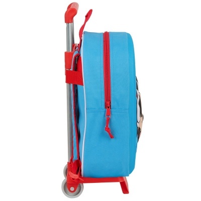 Mochila para crianças azul claro com rodas e punho vermelho vista lateral esquerda