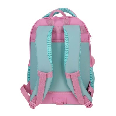 Mochila rosa e azul claro vista de trás com alças acolchoadas