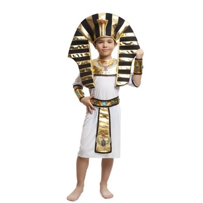 Fantasia infantil de faraó com túnica branca e adereços dourados