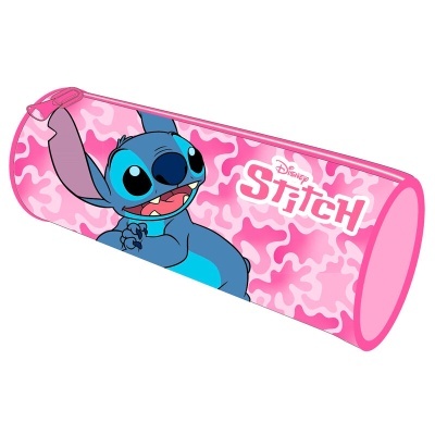 Estojo escolar cilíndrico rosa com personagem Stitch e texto Disney Stitch