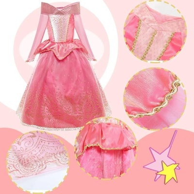 Vestido rosa de princesa com detalhes dourados e várias imagens em destaque do tecido e acabamentos