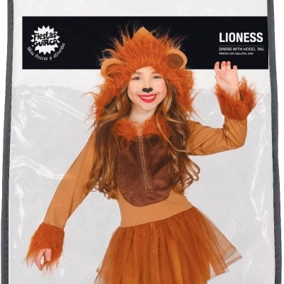 Fato de Carnaval de leoa infantil em embalagem com cabide