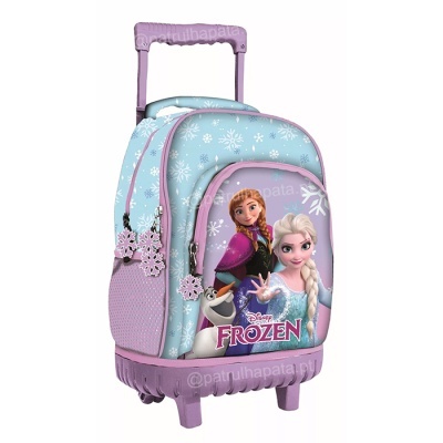 Mochila escolar infantil azul claro e roxa com imagem da Disney Frozen e flocos de neve