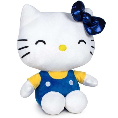 Pelúcia Hello Kitty com roupa azul, camiseta amarela e laço azul