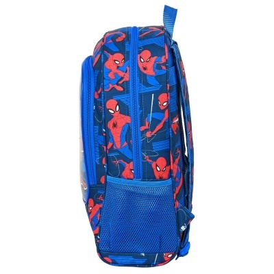 Mochila azul com padrão de Homem-Aranha e bolso lateral de rede