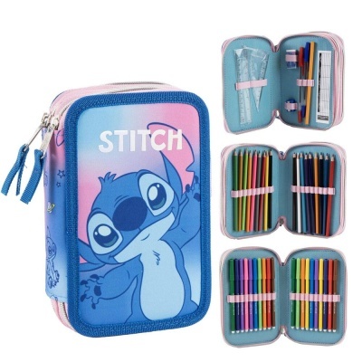Estojo escolar azul e rosa com personagem Stitch e interior com material escolar colorido