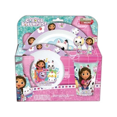 Conjunto infantil 'Gabby's Dollhouse' com prato, tigela, prato fundo e copo coloridos