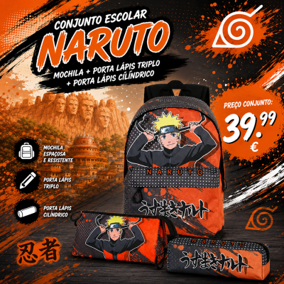 Conjunto escolar Naruto com mochila, porta lápis triplo e cilíndrico em laranja e preto