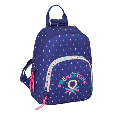 Mochila azul escura com padrão de gotinhas coloridas e logo BENETTON