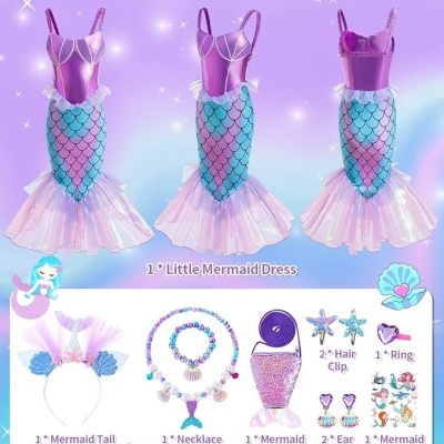 Conjunto fantasia sereia com vestido roxo e azul e acessórios variados sobre fundo lilás