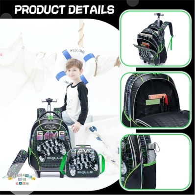 Conjunto mochila com rodinhas e estojo preto com detalhes verdes e padrão gráfico GAME SKILLS