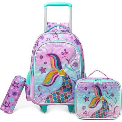 Mochila com carrinho, lancheira e estojo com padrão de sereia lilás e azul