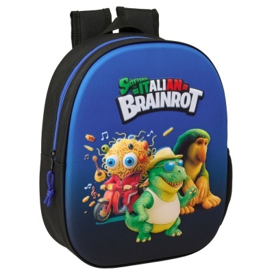 Mochila infantil azul com ilustrações de personagens e texto SKIFFIDOL ITALIAN BRAINROT