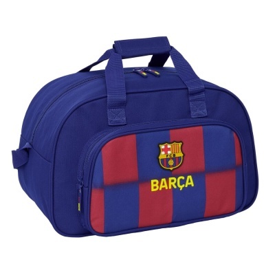 Mala de desporto azul com padrão vermelho e azul e logótipo do FC Barcelona