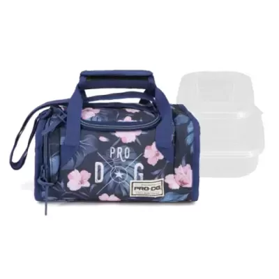 Mala transporte cães azul com padrão floral e texto PRO DOG e recipiente plástico transparente