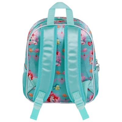 Mochila infantil azul turquesa com alças acolchoadas e estampas de personagens