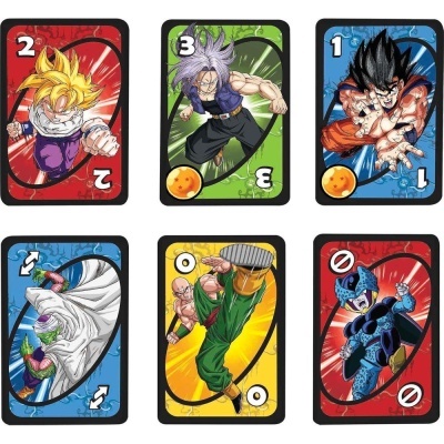 Seis cartas de jogo Dragon Ball com personagens em fundos coloridos e números ou símbolos.