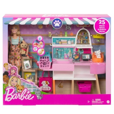 Conjunto Barbie com boneca, acessórios e cenário de clínica veterinária em cores rosa e azul