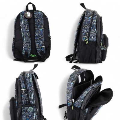 Mochila preta com padrão azul e branco de desenhos geométricos e tecnológicos vista de vários ângulos