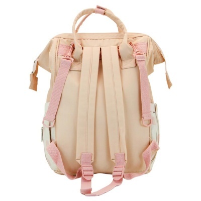 Mochila bege com alças cor de rosa vista de trás