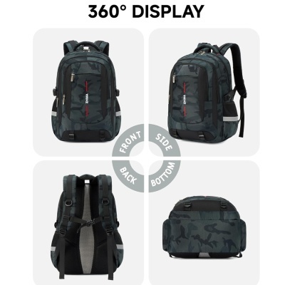 mochila camuflada cinza e preta com alças acolchoadas e fechos metálicos