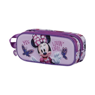 Estojo escolar lavanda e roxo com imagem da Minnie Mouse e borboletas