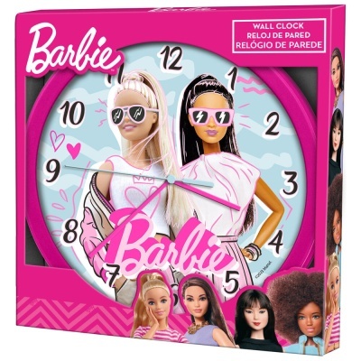 Relógio de parede Barbie com figuras das bonecas e moldura rosa