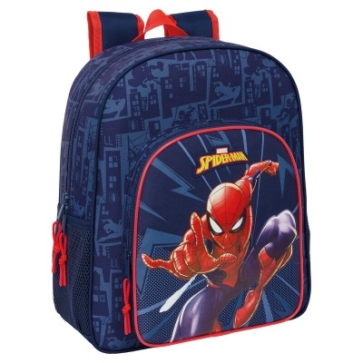 Mochila azul com estampa do Homem-Aranha e detalhes vermelhos