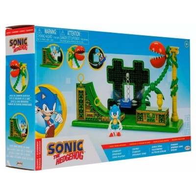 Brinquedo Sonic the Hedgehog com figura do Sonic e cenário verde com planta carnívora