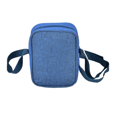 Mala pequena azul com zíper e alça azul escuro