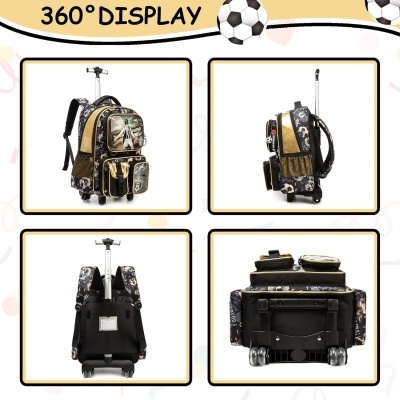 Mochila de rodas camuflada mostrada em 4 vistas diferentes com texto 360° DISPLAY