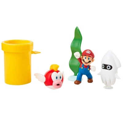 Brinquedos de plástico do Mario: cano amarelo, peixe vermelho, figura do Mario e lula branca